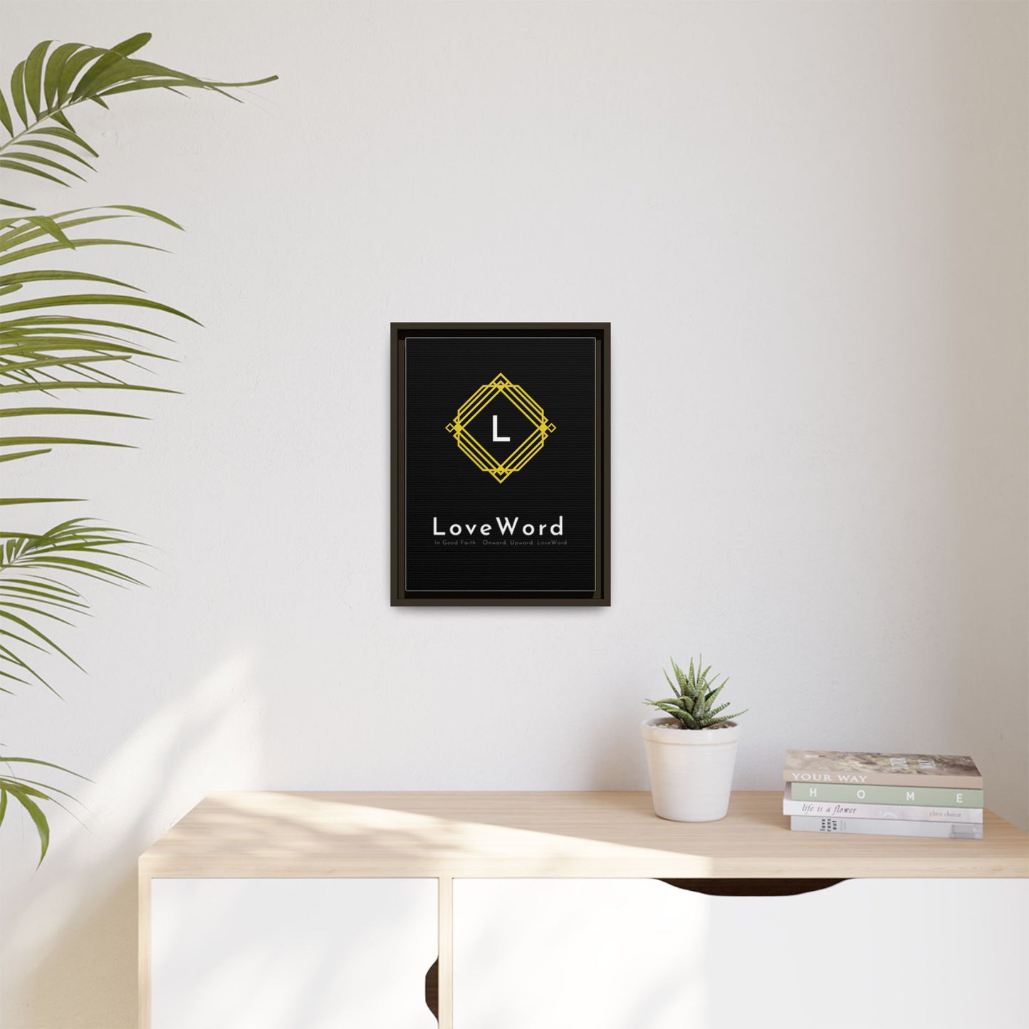 Framed Matte Canvas Art – LoveWord Gold Emblem on Black