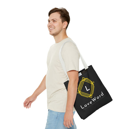 LoveWord Black Logo Tote Bag — Gold Geometric Monogram AOP Tote